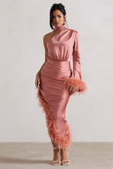 Coral Satin Asymmetric One Sleeve Maxi Dress With Feather Trims
