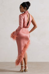 Coral Satin Asymmetric One Sleeve Maxi Dress With Feather Trims