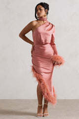 Coral Satin Asymmetric One Sleeve Maxi Dress With Feather Trims