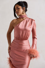 Coral Satin Asymmetric One Sleeve Maxi Dress With Feather Trims