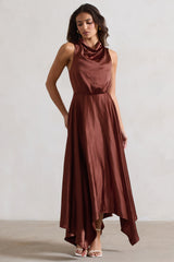 Chocolate Brown Satin Cowl-Neck Maxi Dress