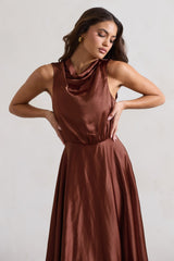 Chocolate Brown Satin Cowl-Neck Maxi Dress