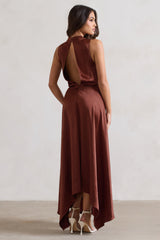 Chocolate Brown Satin Cowl-Neck Maxi Dress