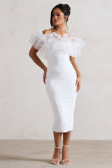 White Ruched Bardot Midi Dress With Organza Trim