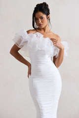 White Ruched Bardot Midi Dress With Organza Trim