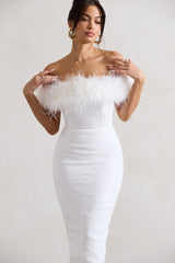 White Lace Bardot Midi Dress With Feather Trim