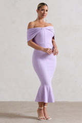Pastel Lilac Bardot Bow Detail Midi Dress