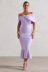 Pastel Lilac Bardot Bow Detail Midi Dress