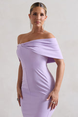 Pastel Lilac Bardot Bow Detail Midi Dress