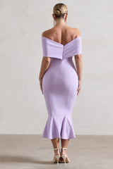 Pastel Lilac Bardot Bow Detail Midi Dress