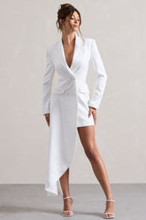 White Tailored Blazer Mini Dress With Asymmetric Hem