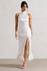 Cream Satin Twist Split Maxi Dress With Feather Trim