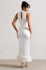 Cream Satin Twist Split Maxi Dress With Feather Trim