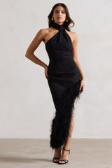 Black Asymmetric Maxi Dress With Feather Trim