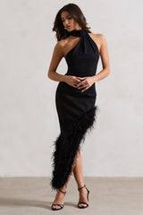 Black Asymmetric Maxi Dress With Feather Trim