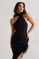 Black Asymmetric Maxi Dress With Feather Trim