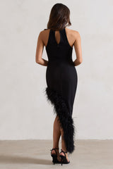 Black Asymmetric Maxi Dress With Feather Trim