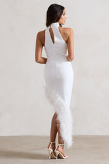 White Asymmetric Maxi Dress With Feather Trim