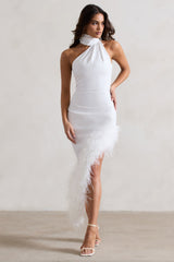 White Asymmetric Maxi Dress With Feather Trim