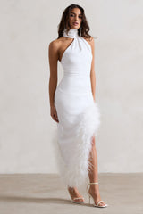 White Asymmetric Maxi Dress With Feather Trim