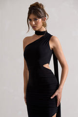 Black One Shoulder Cut-Out Maxi Dress With Scarf