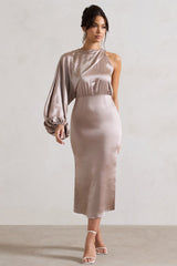 Taupe Satin One-Sleeve Midi Dress