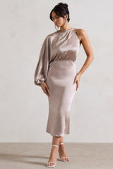 Taupe Satin One-Sleeve Midi Dress