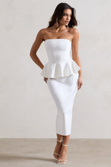 White Bodycon Bandeau Midi Dress With Peplum Detail