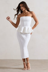 White Bodycon Bandeau Midi Dress With Peplum Detail