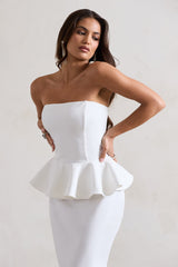 White Bodycon Bandeau Midi Dress With Peplum Detail