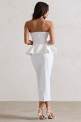 White Bodycon Bandeau Midi Dress With Peplum Detail
