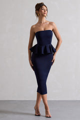 Navy Bodycon Bandeau Midi Dress With Peplum Detail