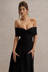 Black Twisted Bardot Drop-Waist Maxi Dress