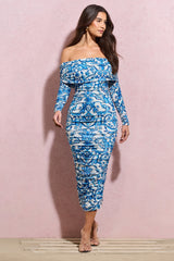 Blue Porcelain Print Bardot Midi Dress