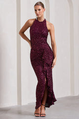Plum Sequin High-Neck Open-Back Maxi Dress With Drape