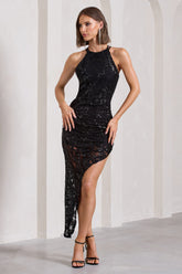 Black Sequin Asymmetric Strappy Maxi Dress