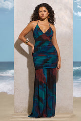 Blue Print Halter-Neck Chiffon Maxi Dress