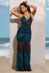 Blue Print Halter-Neck Chiffon Maxi Dress