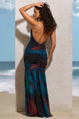 Blue Print Halter-Neck Chiffon Maxi Dress