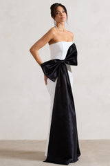 White Bandeau Split Maxi Dress With Oversized Black Bow