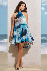 White Print Halter-Neck Smock Mini Dress
