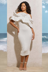 White Asymmetric Ruffle Midi Dress