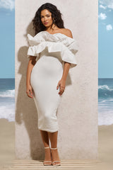 White Asymmetric Ruffle Midi Dress