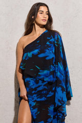 Navy Floral Print Chiffon Oversized Asymmetric Maxi Dress