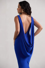 Royal Blue Square-Neck Backless Midi Dress With Cape