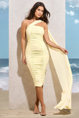 Lemon Ruched One Shoulder Midi Dress With Sash
