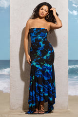 Navy Floral Print Ruched Bandeau Maxi Dress