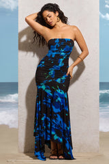 Navy Floral Print Ruched Bandeau Maxi Dress