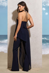 Navy Flared-Leg Jumpsuit With Chiffon Cape