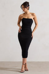 Black Ruched Corset Bodycon Midi Dress